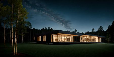 32639-1905135418-modern architecture style, photo realistic, clean sky, single building,(night_1.3),forest, masterpiece, best quality, highres,.jpg
